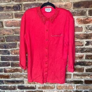 Teddi Vintage Red Button Down Lace Collar Cardigan Sweater Women's Size Small